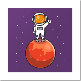 Cute Astronaut Standing On Planet Cartoon Posters and Art